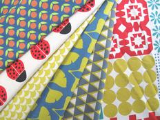 ELLEN BAKER'S STAMPED COLLECTION FOR KOKKA, LADYBUGS, GEIKO LEAVES, SCALES, CHEATER PRINT, TRIANGLES, CHERRIES 
